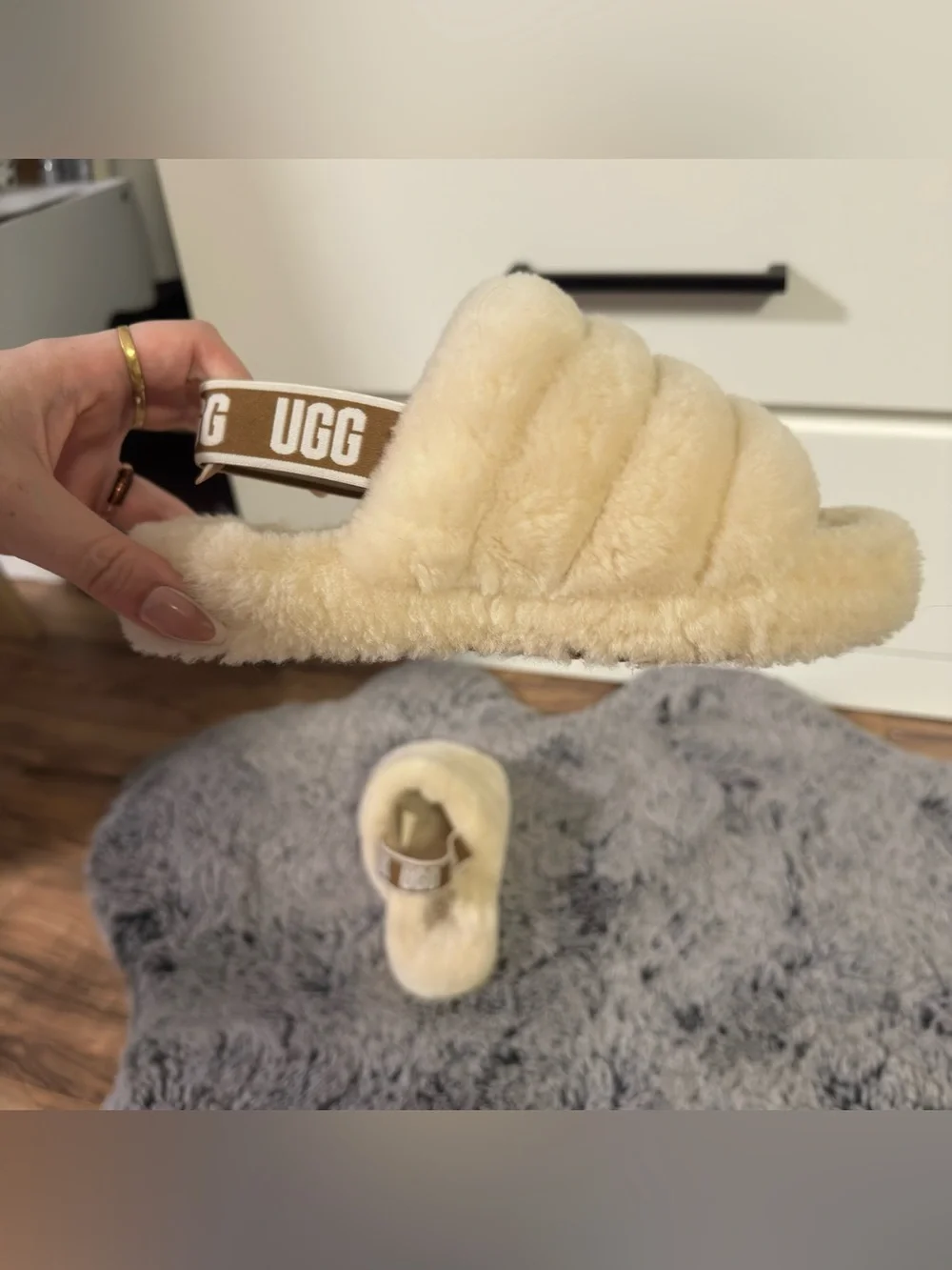 UGG Plush Shearling Slide with Branded Elastic Strap - Cream